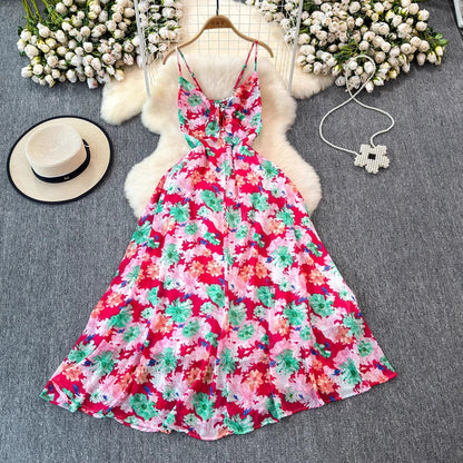 Leichtes Damenkleid – V-Ausschnitt mit Trägern, verstellbare Taille, Blumenmuster, für den Sommer
