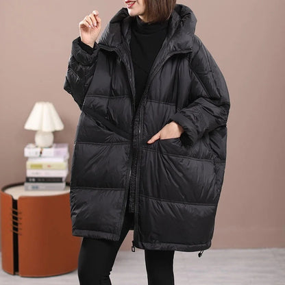 Warm Women's Mid-Length Down Coat - Hooded, Velvet, Cozy