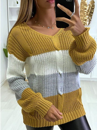Soft Flattering Women V Neck Sweater - Colorblock Knit
