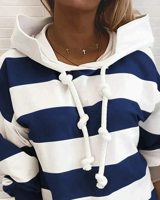Soft Women’s Hooded Pullover - Striped Relaxed Cotton, Casual