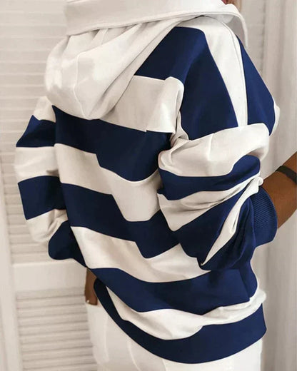 Soft Women’s Hooded Pullover - Striped Relaxed Cotton, Casual