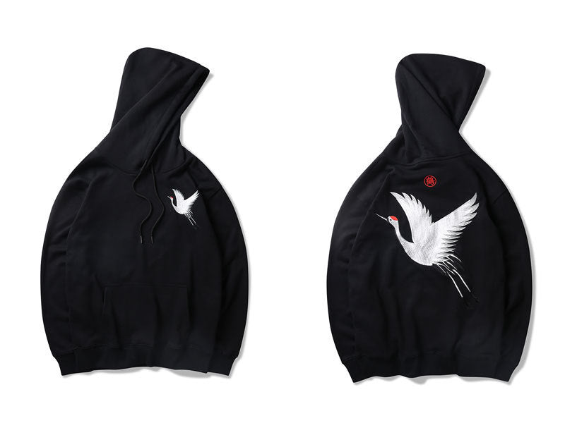 Oversized relaxed hoodie - embroidered crane, cotton blend