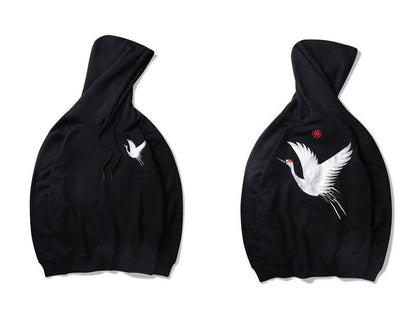 Oversized relaxed hoodie - embroidered crane, cotton blend