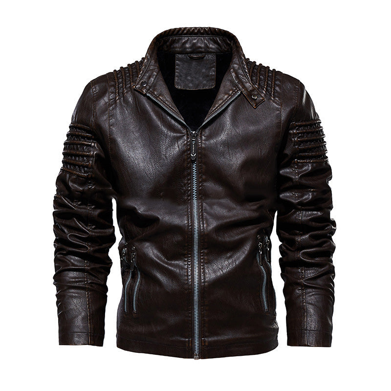 Cazadora de cuero para hombre cálida - clásica chaqueta de motorista con cuello alto, cuero PU con forro de terciopelo, ropa casual de invierno