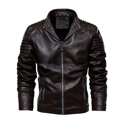 Cazadora de cuero para hombre cálida - clásica chaqueta de motorista con cuello alto, cuero PU con forro de terciopelo, ropa casual de invierno