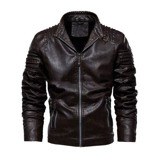 Warm men's leather jacket - timeless stand-up biker, PU leather with velvet lining, casual winter wear