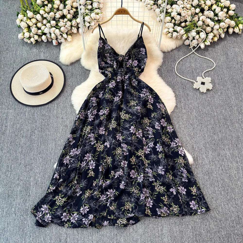 Leichtes Damenkleid – V-Ausschnitt mit Trägern, verstellbare Taille, Blumenmuster, für den Sommer