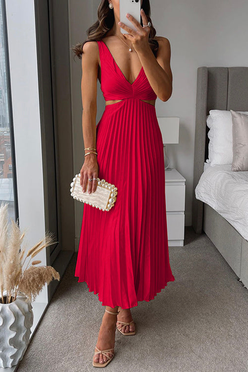 Elegant Pleated Satin Evening Dress with Deep V Neckline - Formal Wedding Guest Gown Available in Six Colors-4