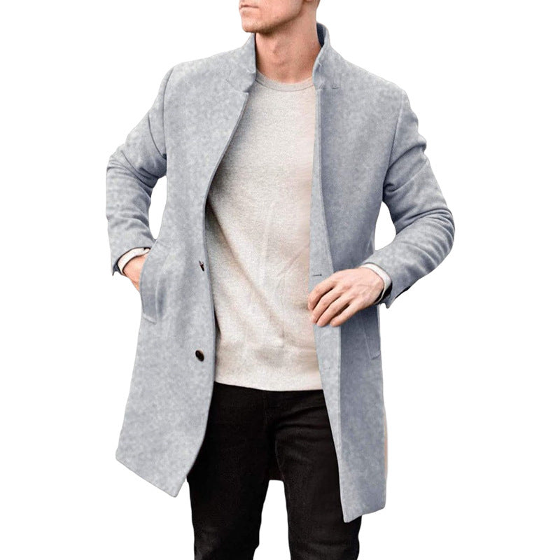 Warm Timeless Men's Wool Coat - Stand Collar, Mid Thigh