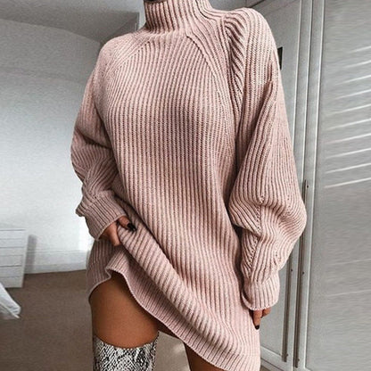 Oversized Women's Sweater Dress - Turtleneck Ribbed Winter