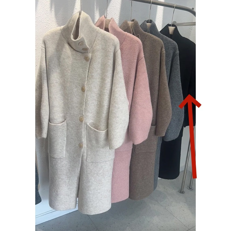 Warm Cozy Womens Wool Midlength Overcoat - Turtleneck Knit