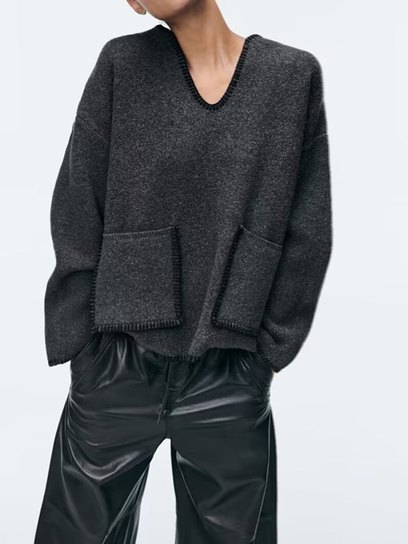 Oversized Cozy Women's V Neck Pullover - Boxy Knit Layering