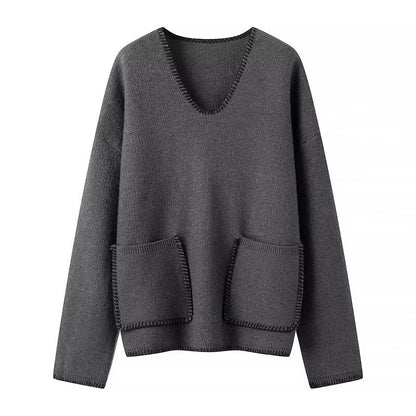Oversized Cozy Women's V Neck Pullover - Boxy Knit Layering