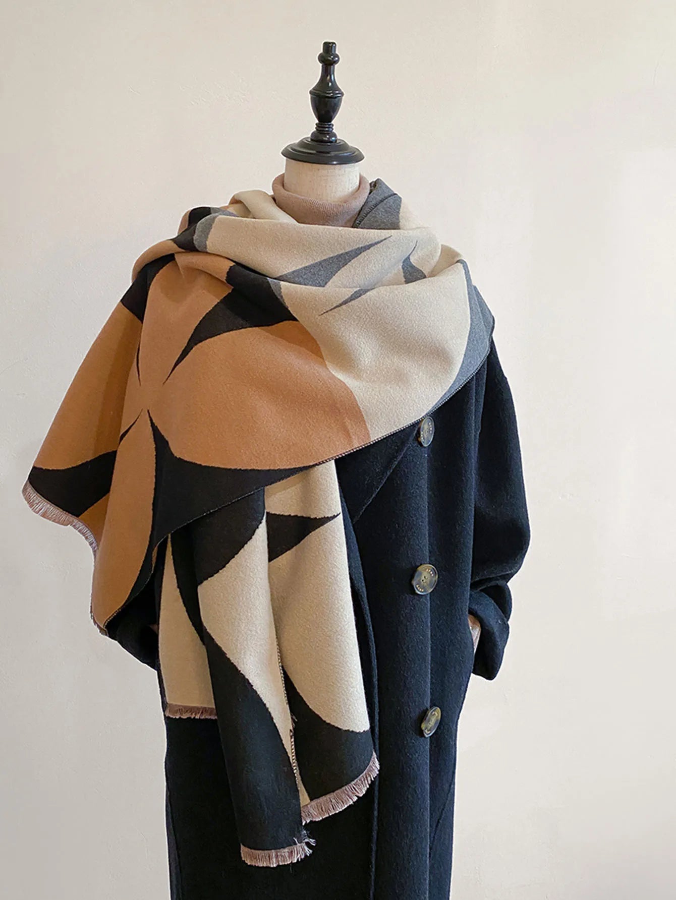 Oversized Womens Scarf - Reversible Geometric Cashmere
