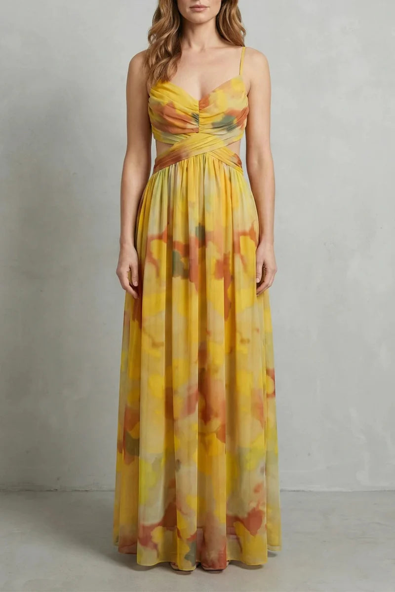 Lightweight women's slip dress – a-line, abstract print, mesh overlay, for evening events