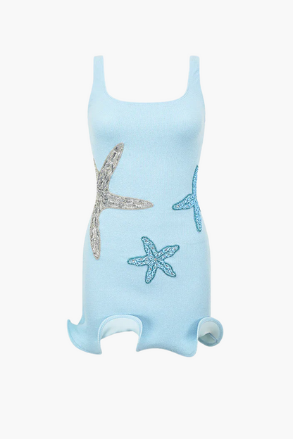 Women's Summer Mini Dress with Ruffled Hem and Beaded Starfish Embellishments in Sky Blue, Orange, and White-6