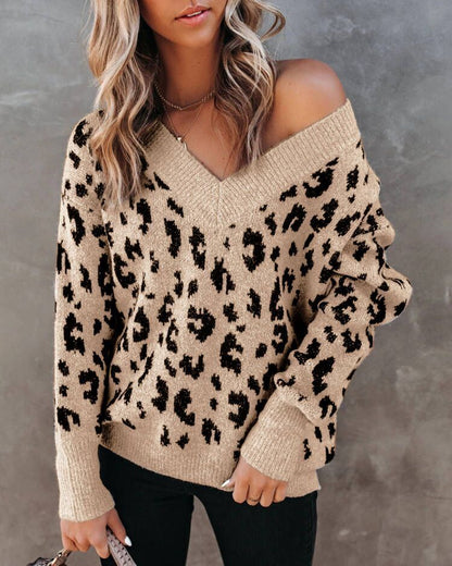 Oversized Cozy Women V Neck Sweater - Leopard Knit, Casual