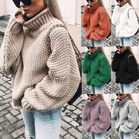 Oversized Women Turtleneck Sweater - Chunky Knit, Winter