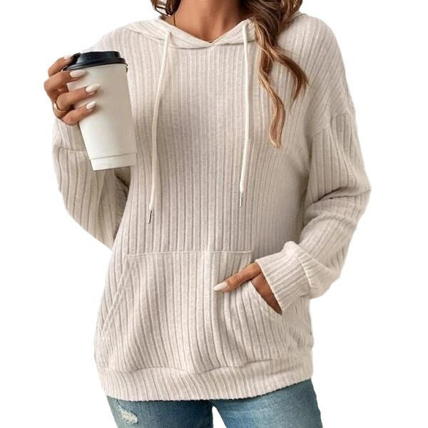 Soft Relaxed Women's Hooded Pullover - Ribbed Knit, Casual