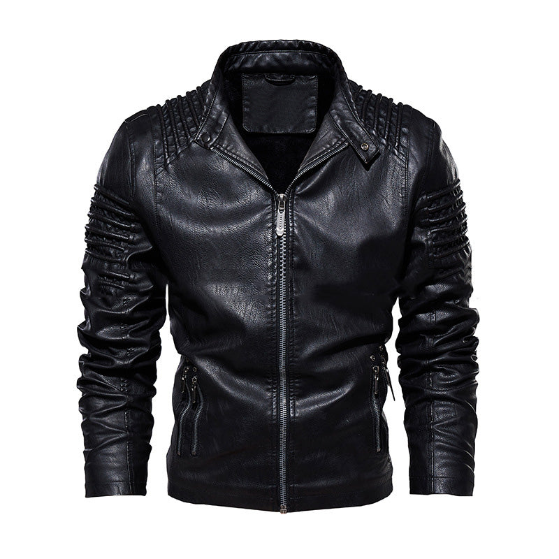 Cazadora de cuero para hombre cálida - clásica chaqueta de motorista con cuello alto, cuero PU con forro de terciopelo, ropa casual de invierno