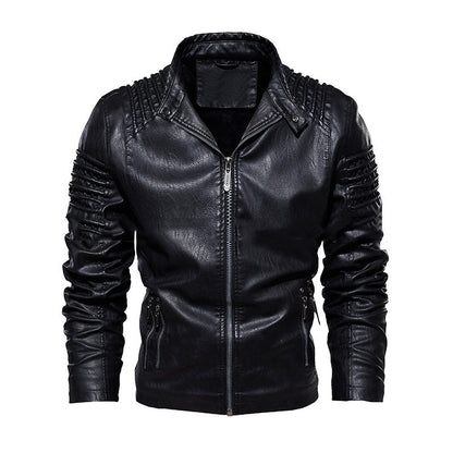 Cazadora de cuero para hombre cálida - clásica chaqueta de motorista con cuello alto, cuero PU con forro de terciopelo, ropa casual de invierno
