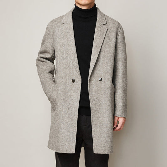 Warm Refined Men Wool Overcoat - Mid Thigh Trench Coat