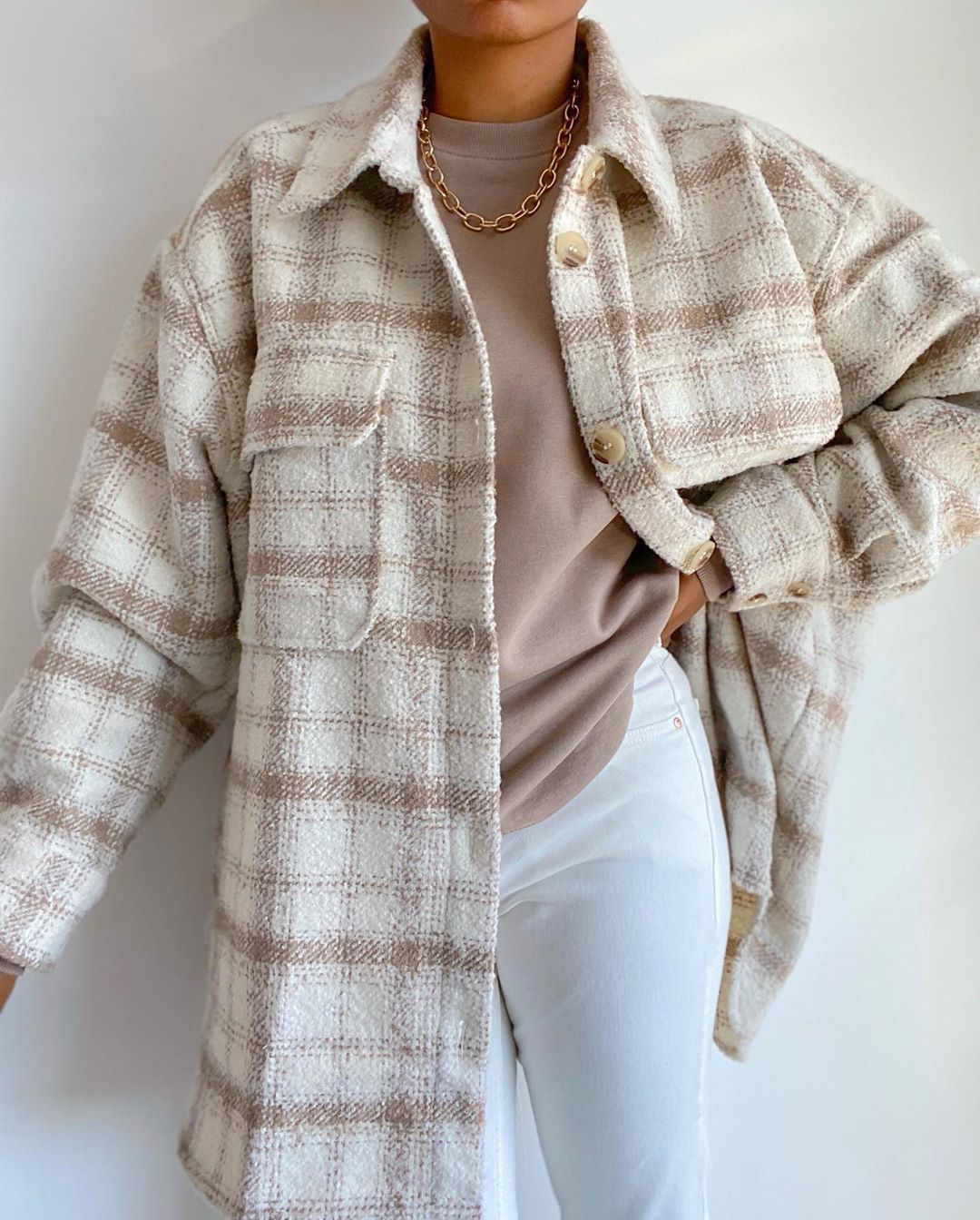 Oversized Dames Lange Jas - Overhemdstijl, Tweed, Voor Stad