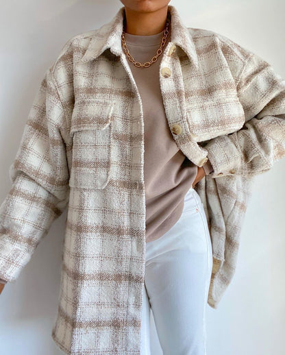 Oversized Dames Lange Jas - Overhemdstijl, Tweed, Voor Stad