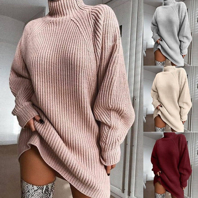 Oversized Women's Sweater Dress - Turtleneck Ribbed Winter