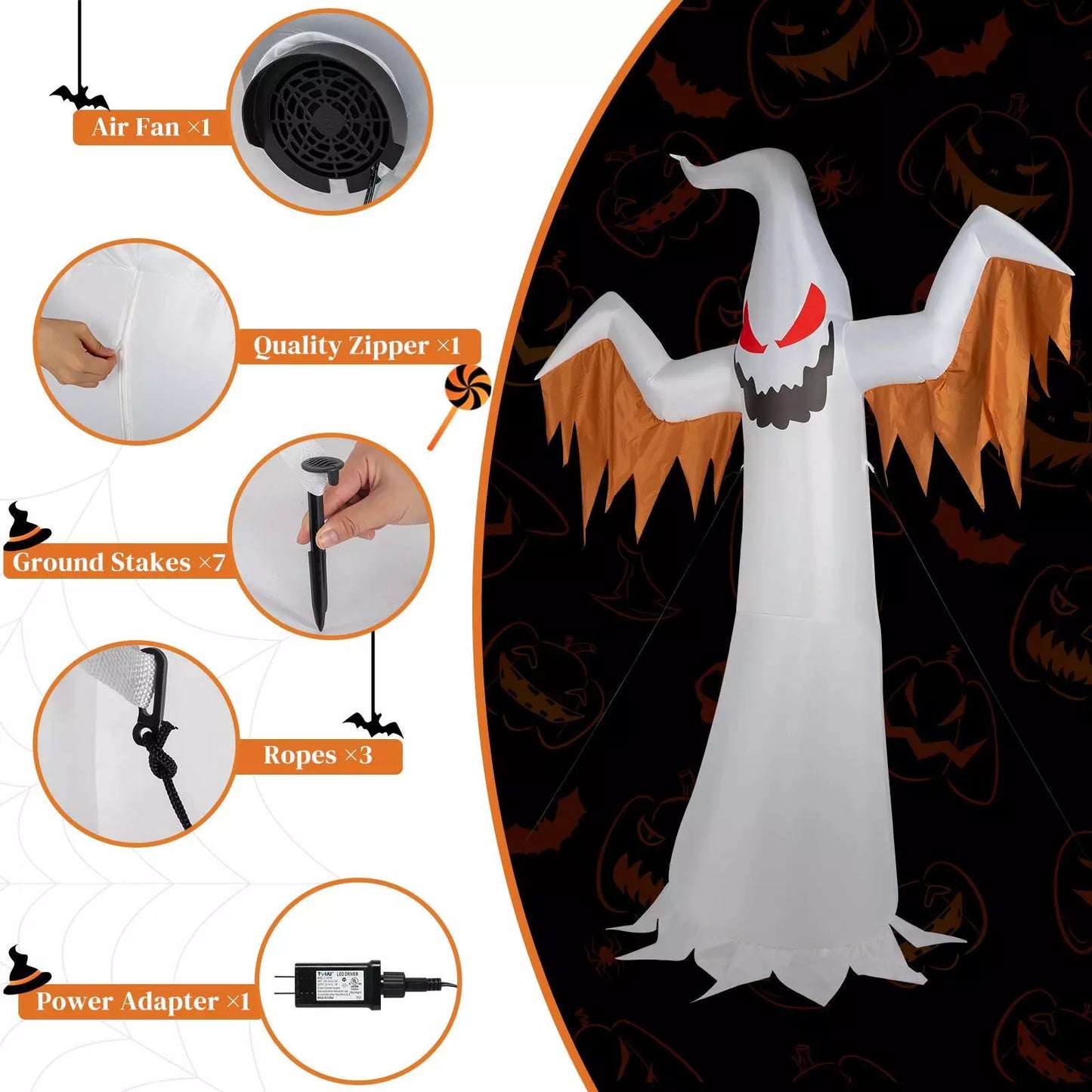 12ft Giant Halloween Inflatable Ghost with Flashing Red Eyes & LED Flame Effect – Outdoor Yard Decor