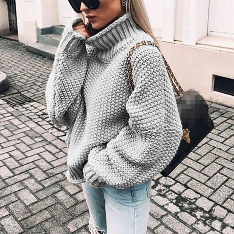 Oversized Women Turtleneck Sweater - Chunky Knit, Winter