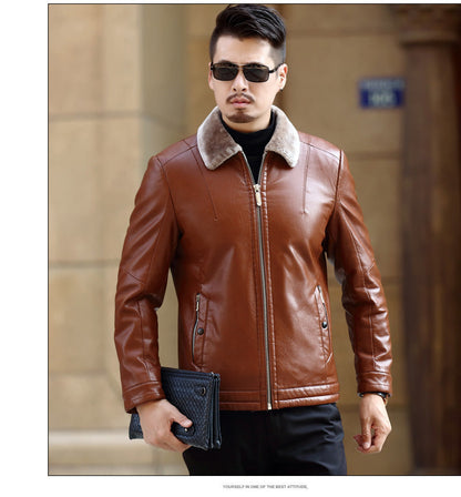 Chaqueta de cuero cálida para hombre – Bomber pulido con cremallera frontal y cuello de borrego, cuero PU, otoño/invierno