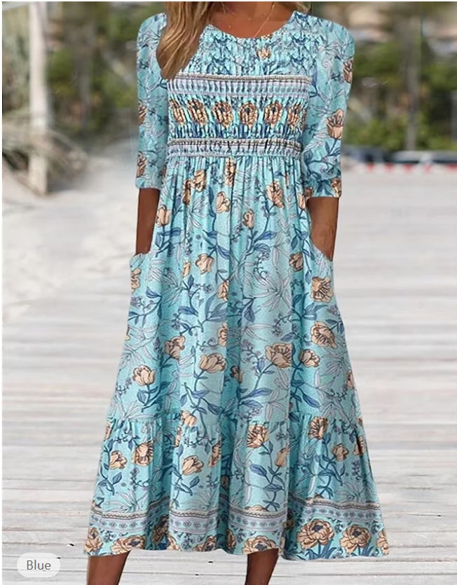 Lightweight women's maxi dress – A-line, ethnic-print, polyester, for casual summer outings