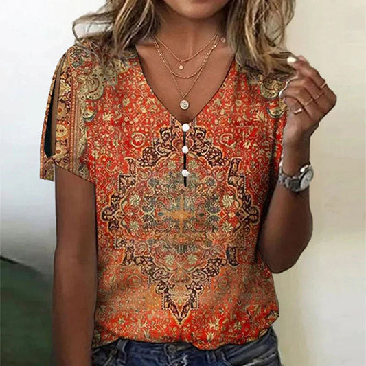 Vintage Ethnic Womens Blouse with V-Neck and Button Detail, Short Sleeve Summer Top for Women in Cotton Blend-1