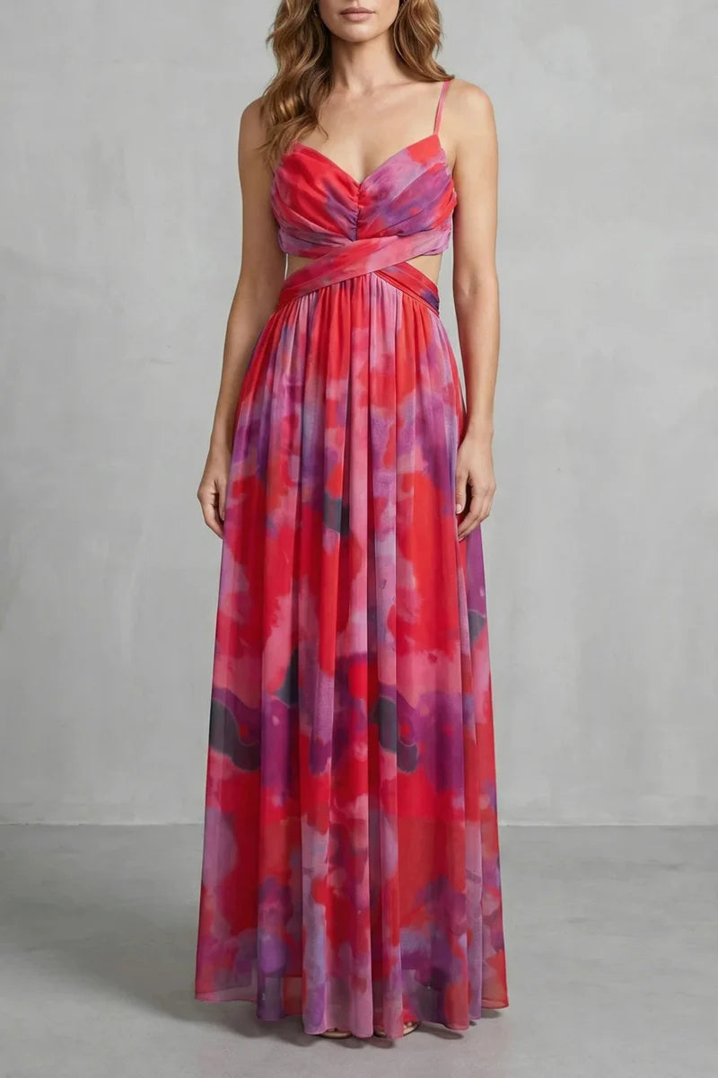 Lightweight women's slip dress – a-line, abstract print, mesh overlay, for evening events