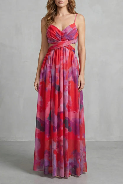 Lightweight women's slip dress – a-line, abstract print, mesh overlay, for evening events