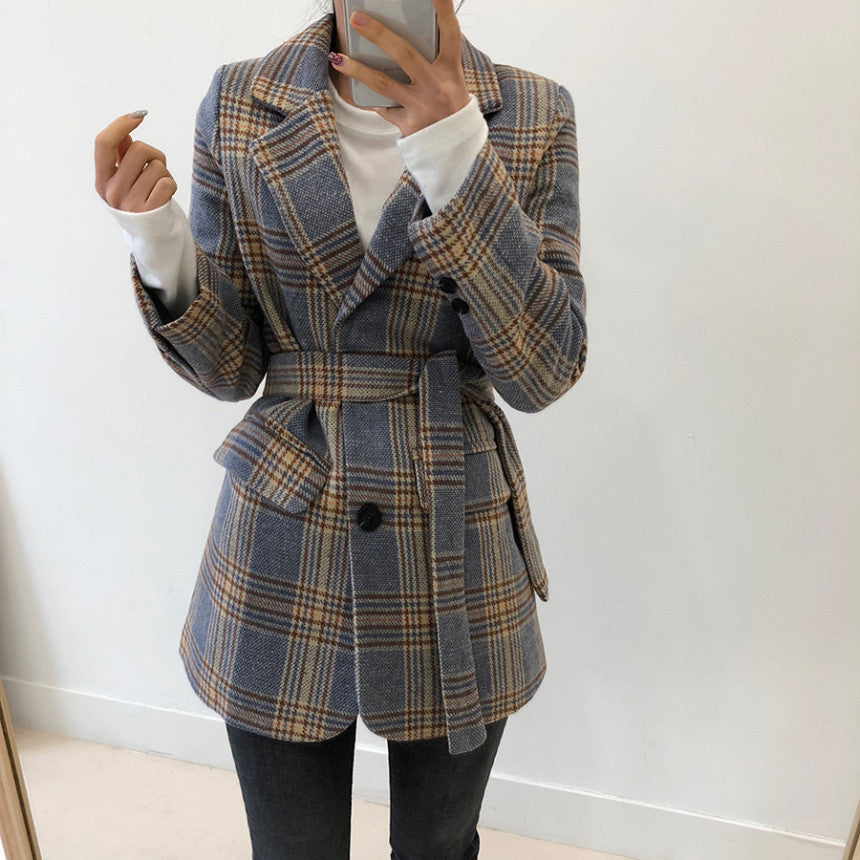 Warm Structured Women's Short Coat - Belted Plaid Wool