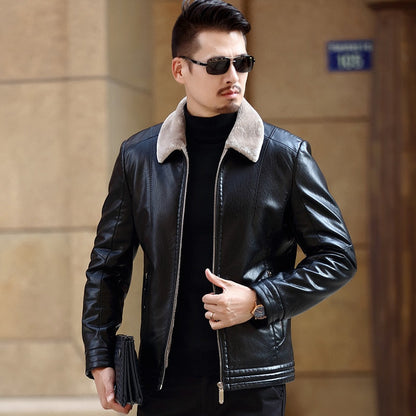 Chaqueta de cuero cálida para hombre – Bomber pulido con cremallera frontal y cuello de borrego, cuero PU, otoño/invierno