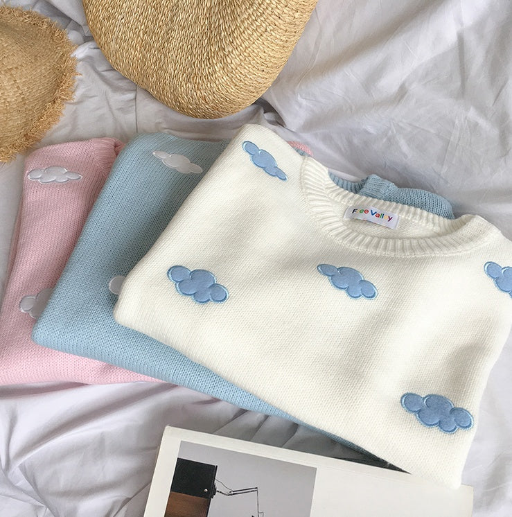 Oversized Cozy Women’s Sweater - Cloud Applique Knit Casual