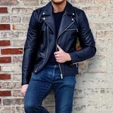 Chaqueta flexible para hombre - cremallera asimétrica, mezcla de denim y poliéster, ropa casual de ciudad