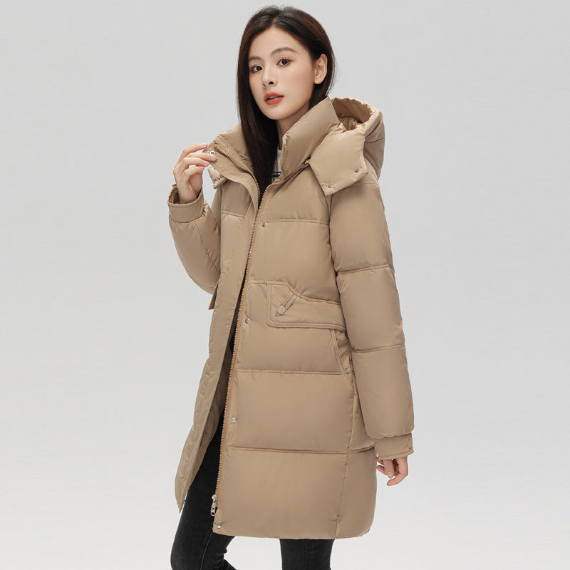 Warm Women's Puffer Coat - Boxy Mid-Thigh, Down Cotton
