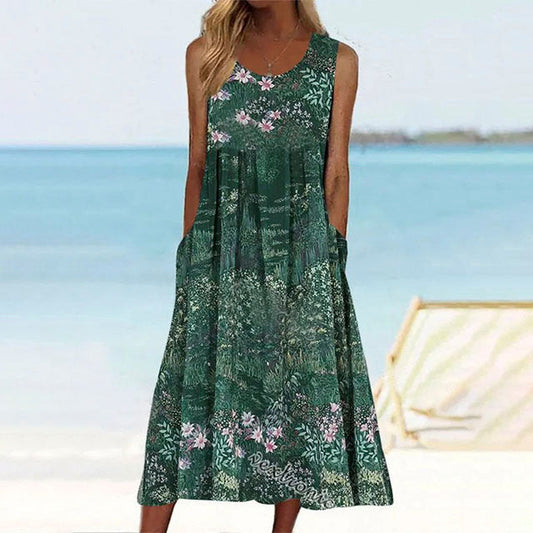 Floral Print Womens Dress with Round Neck and Pockets, Casual Summer Dress for Spring and Summer Outings-1