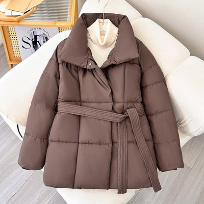 Warm Womens Puffer Coat - Belted Quilted Nylon Midthigh