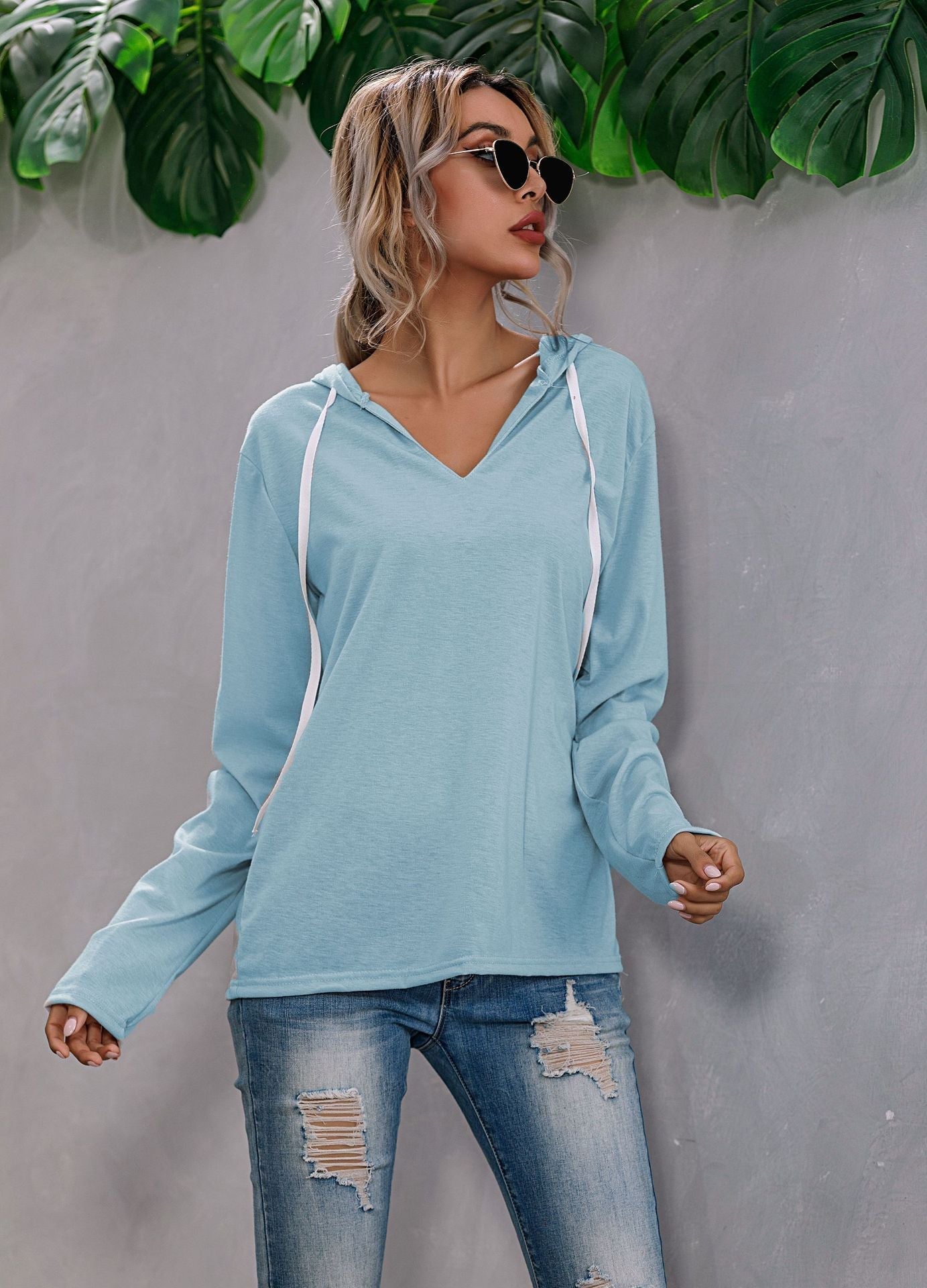 Lightweight Relaxed Womens Hoodie - V Neck, Knit, Everyday