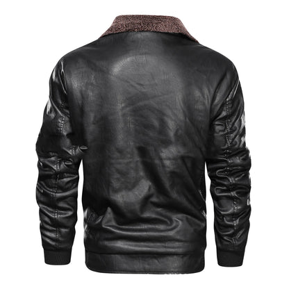 Chaqueta de cuero para hombre con solapa cálida - Forro de terciopelo, cremallera frontal, cuero PU, para uso urbano en invierno