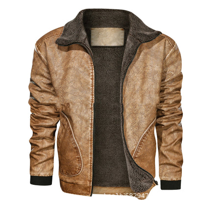 Chaqueta de cuero para hombre con solapa cálida - Forro de terciopelo, cremallera frontal, cuero PU, para uso urbano en invierno