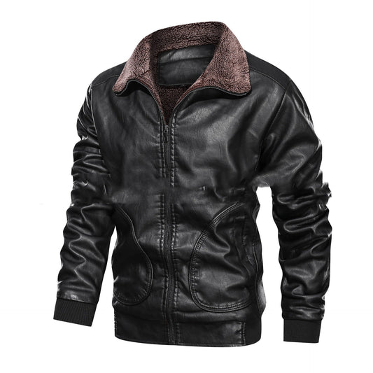 Warm Men's Lapel Leather Jacket - Velvet-Lined Zip-Front, PU Leather, For Winter City Wear
