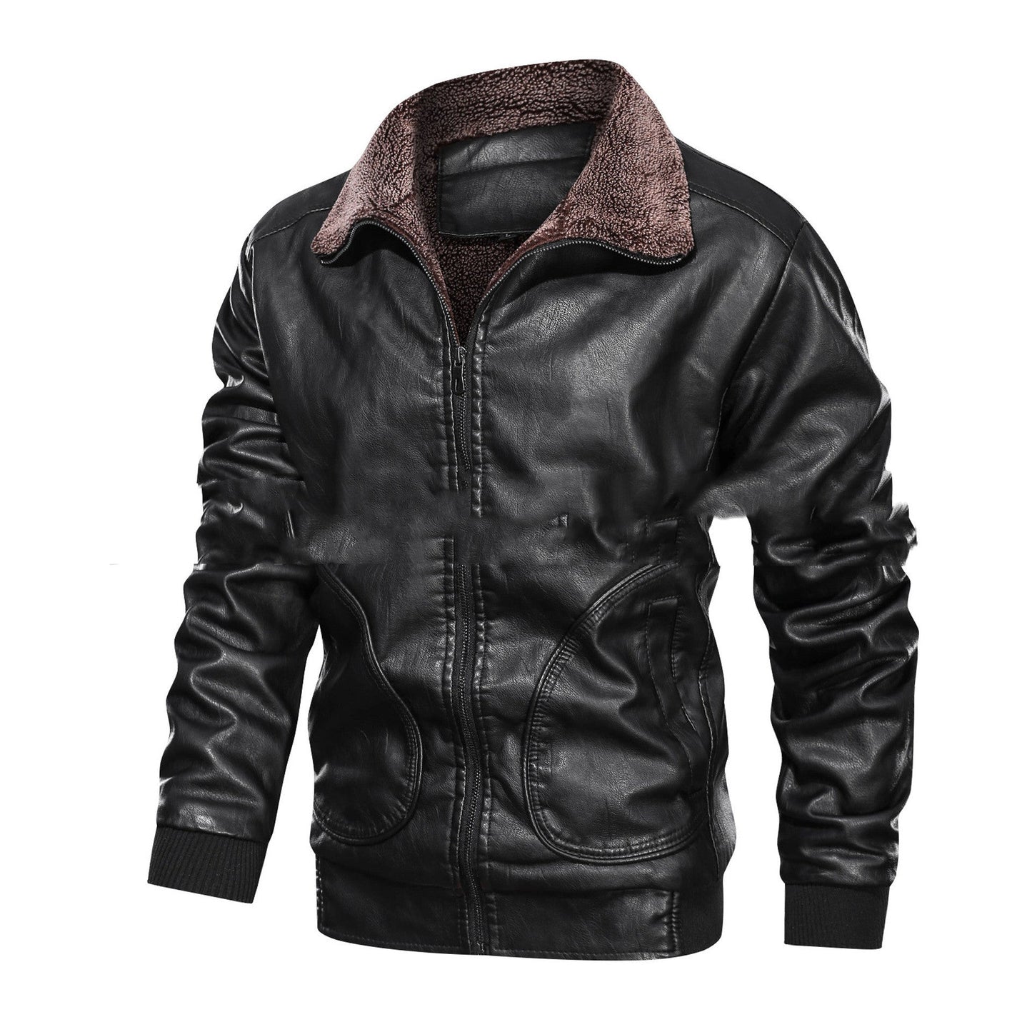 Chaqueta de cuero para hombre con solapa cálida - Forro de terciopelo, cremallera frontal, cuero PU, para uso urbano en invierno