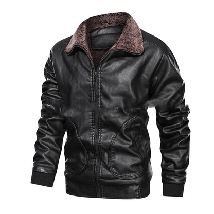 Chaqueta de cuero para hombre con solapa cálida - Forro de terciopelo, cremallera frontal, cuero PU, para uso urbano en invierno