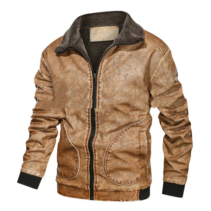 Chaqueta de cuero para hombre con solapa cálida - Forro de terciopelo, cremallera frontal, cuero PU, para uso urbano en invierno